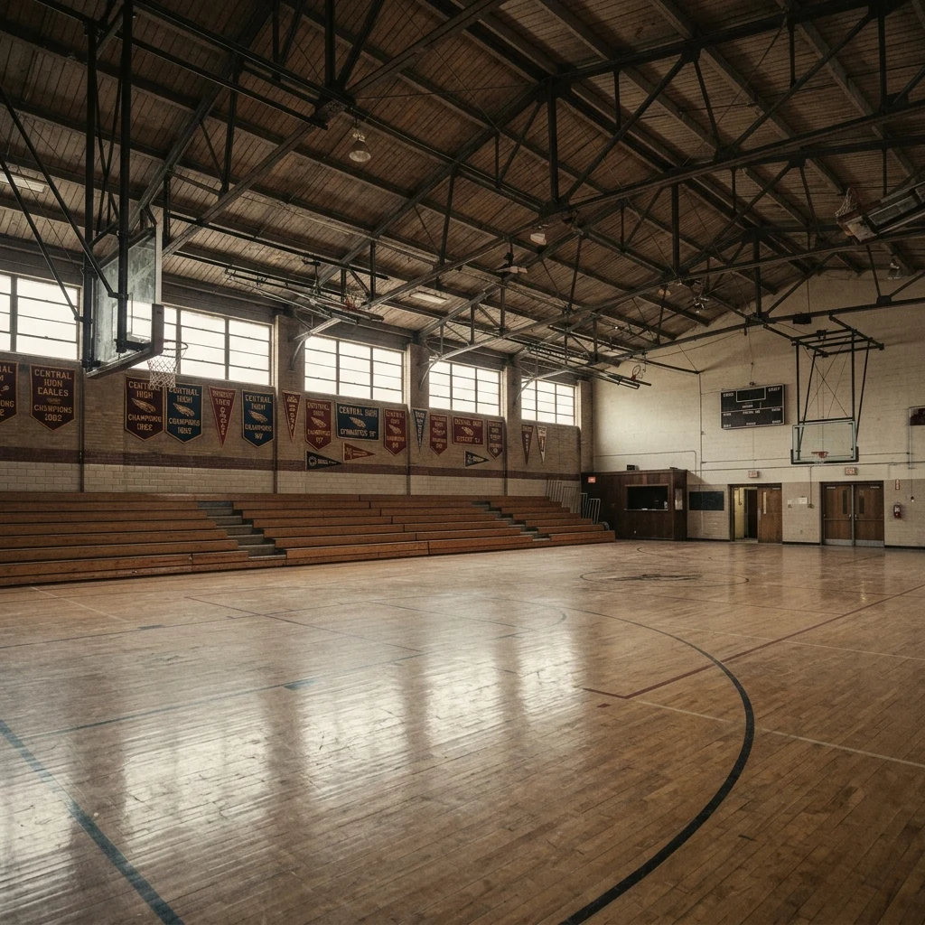 Empty school gymnasium with wooden bleachers