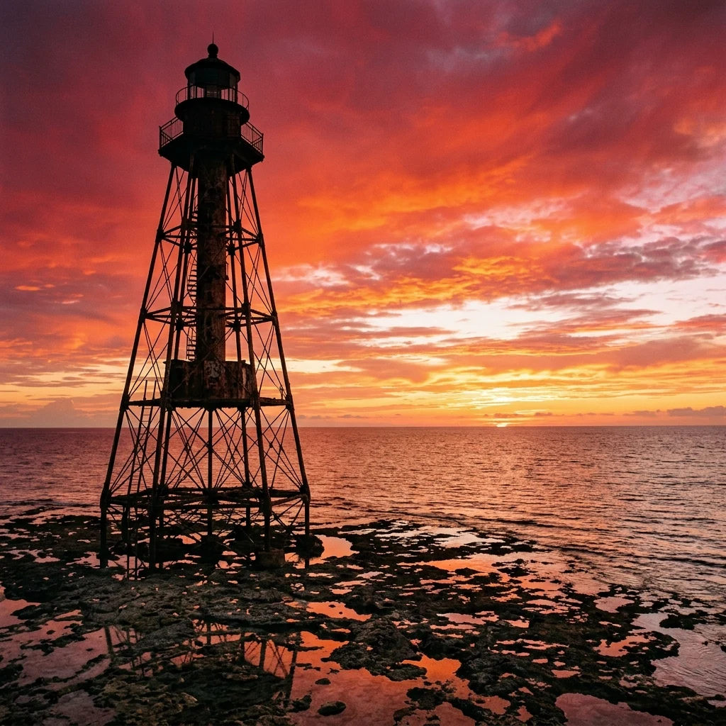 Weathered iron lighthouse at sunset