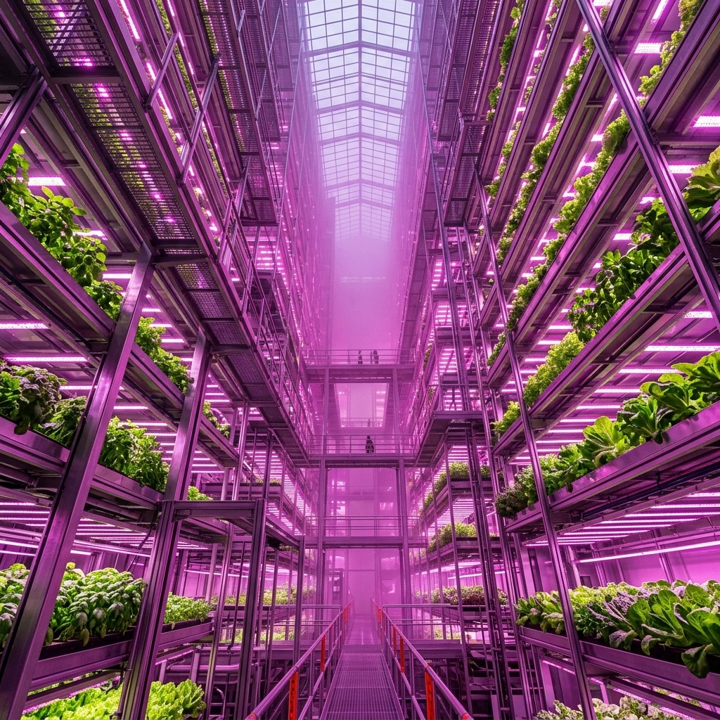 A vertical farm interior under magenta grow lights