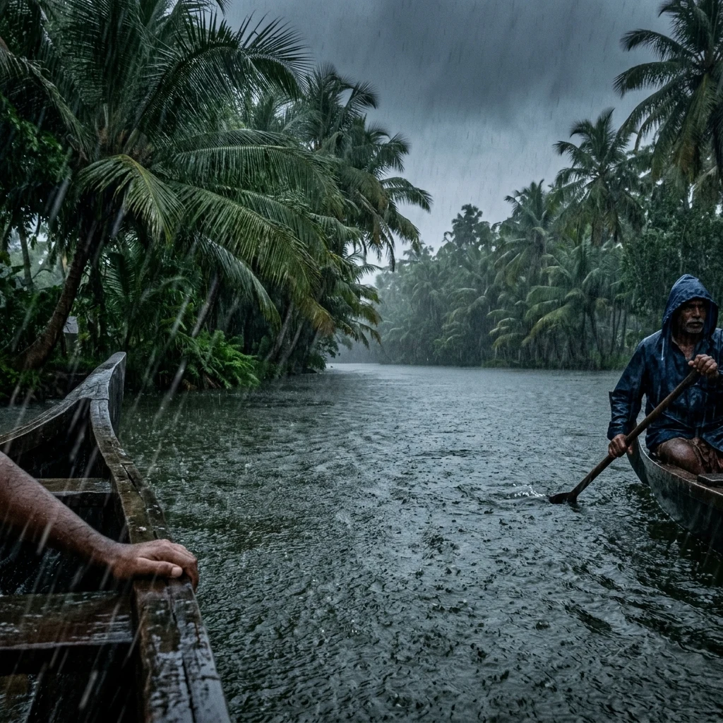 A monsoon downpour over a Kerala backwater