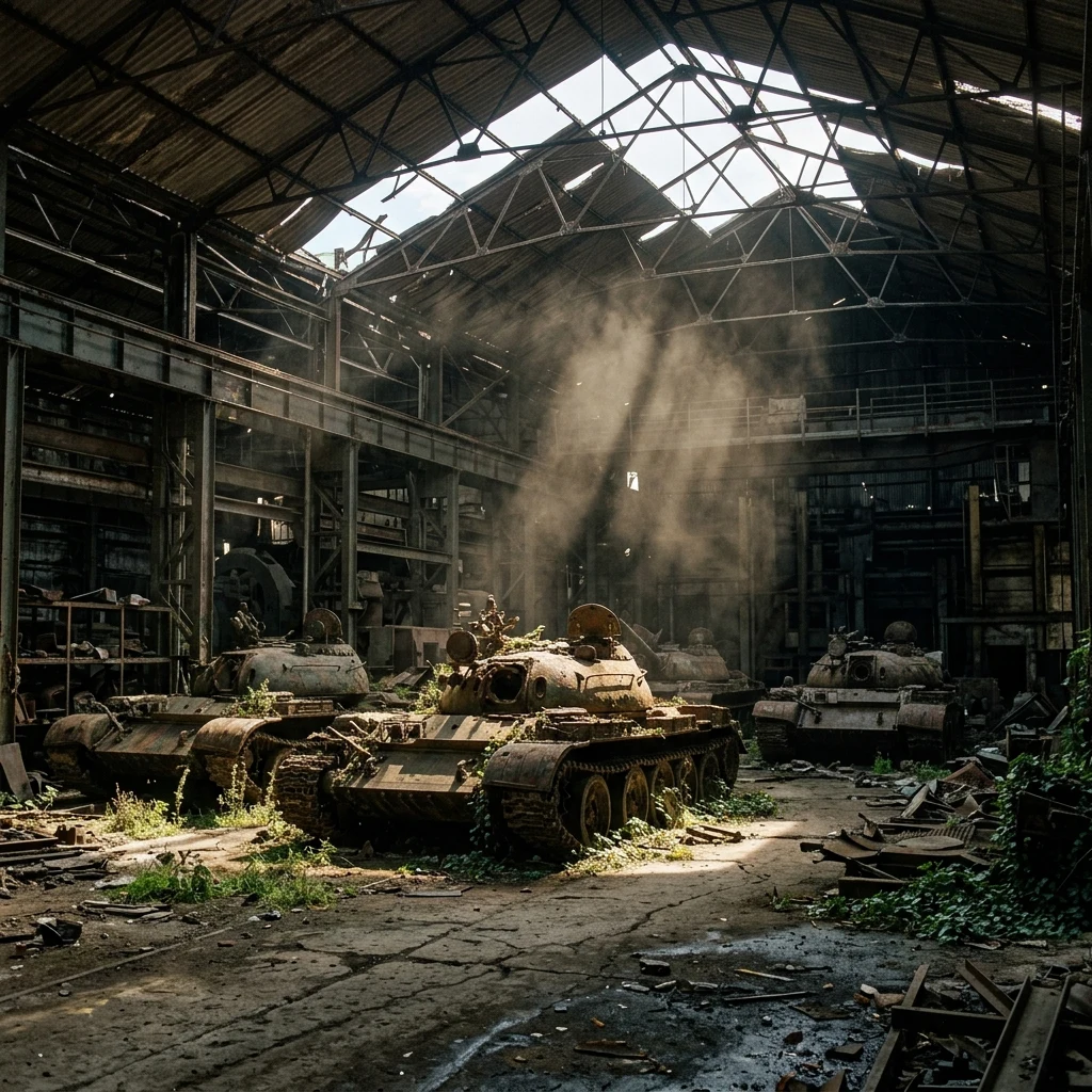 Sunlight streaming into a rusted vehicle hangar
