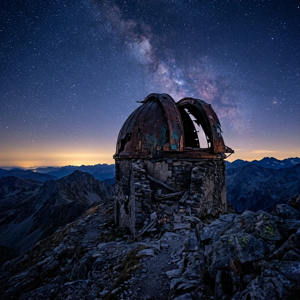 Crumbling mountain observatory under the stars