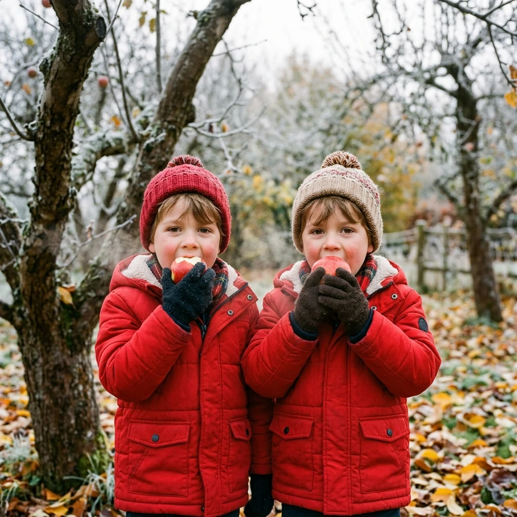 Six-year-old identical twin boys in red winter coats eating apples in an orchard