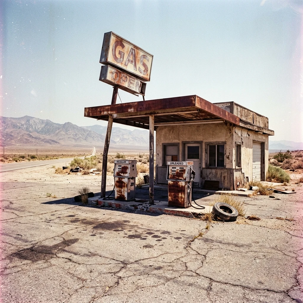 A sun-bleached desert gas station at high noon