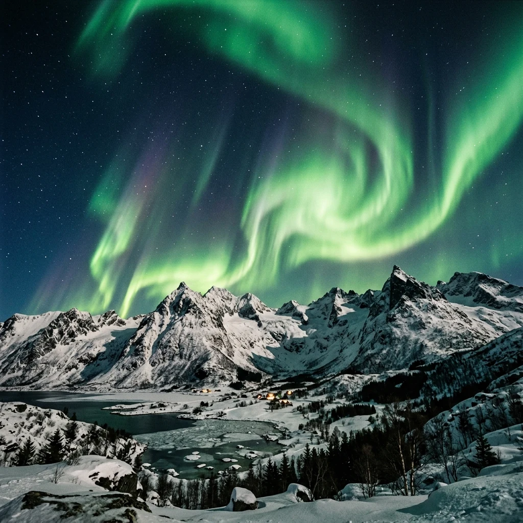 Green northern lights dancing in swirling curtains above the snow-capped peaks of the…