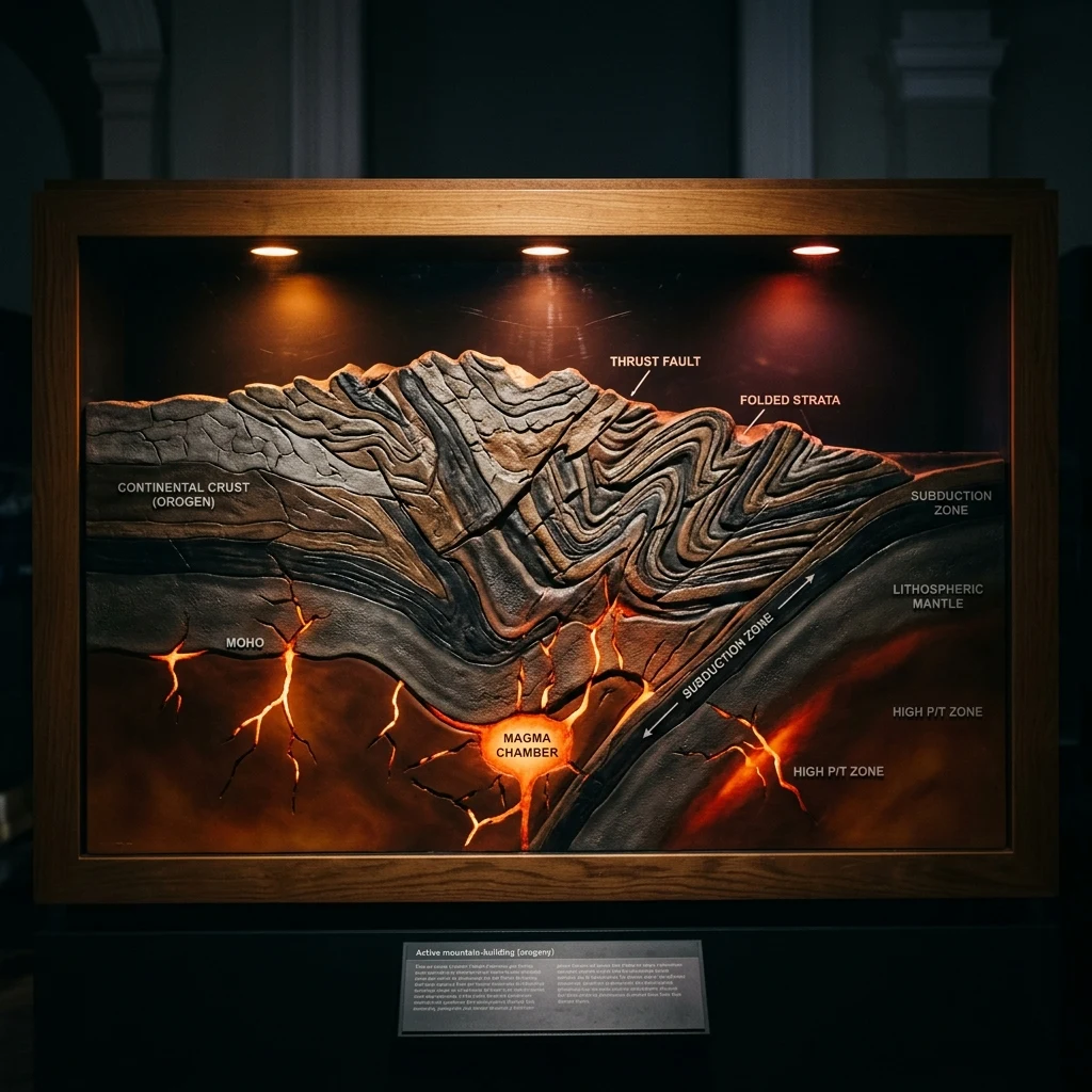 A scientific cross-section model showing crustal thickening and mountain-building…
