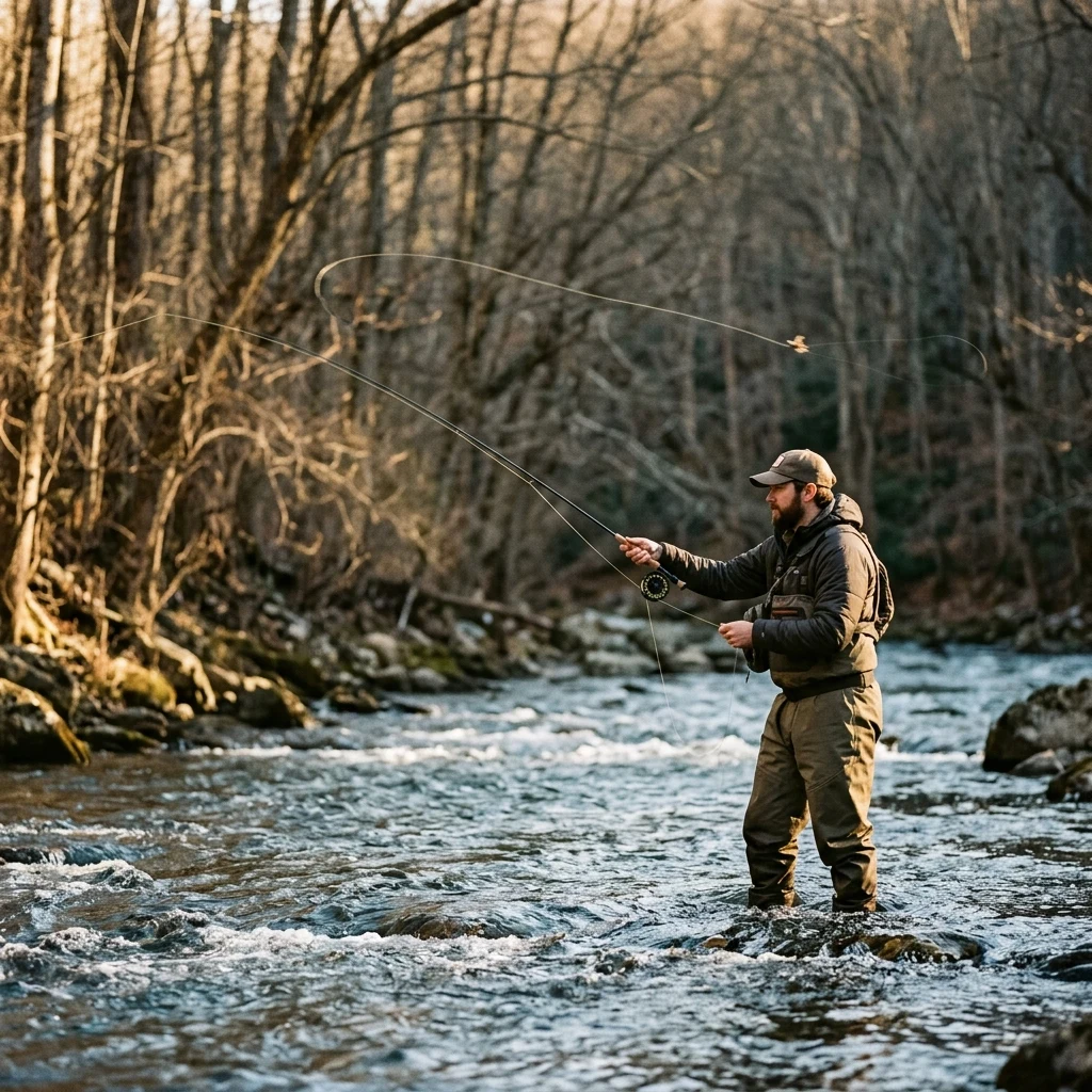 Angler casting a line in a mountain stream