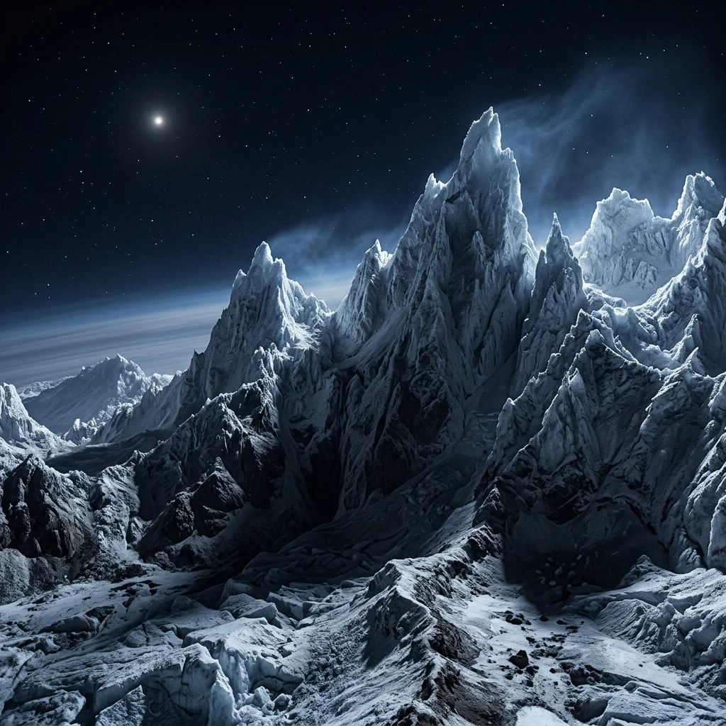 A dramatic low-angle render of the crystalline water-ice peaks of Tenzing Montes on Pluto