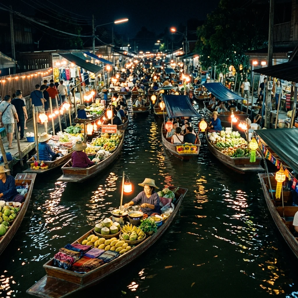 A night shot of a floating market in Damnoen Saduak