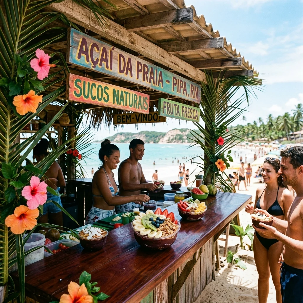 A vibrant beachfront food stall serving acai bowls in Pipa
