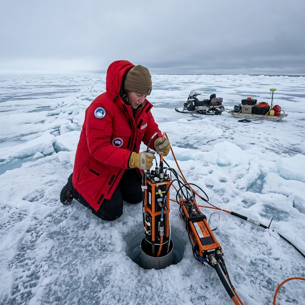 A polar scientist on an ice floe above the Lomonosov Ridge deploying a seismic sensor…