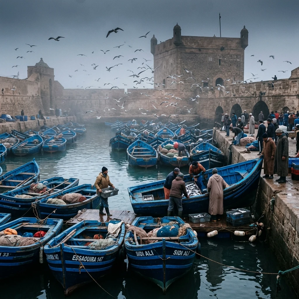 An early morning fish market at the Port of Essaouira in Morocco