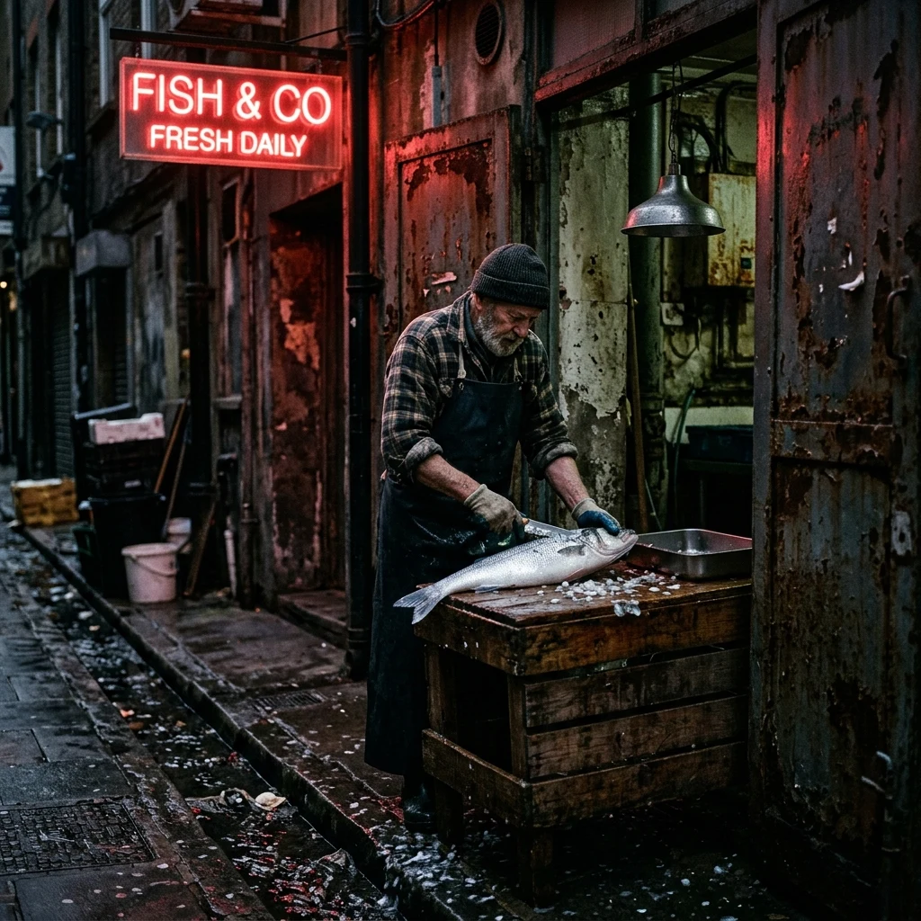 A fishmonger scaling fresh fish in a wet alleyway illuminated by a single red neon sign