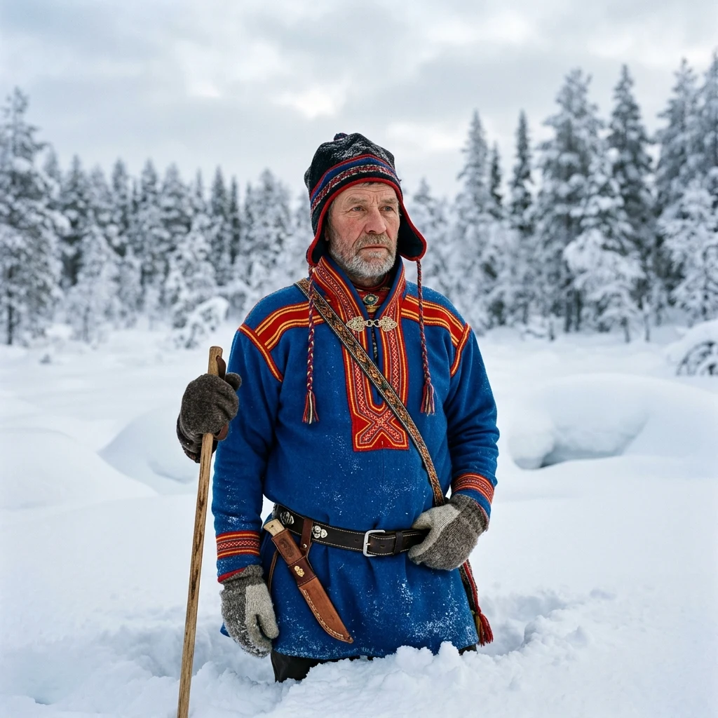 A Sami reindeer herder in northern Lapland wearing a traditional blue wool gákti tunic…