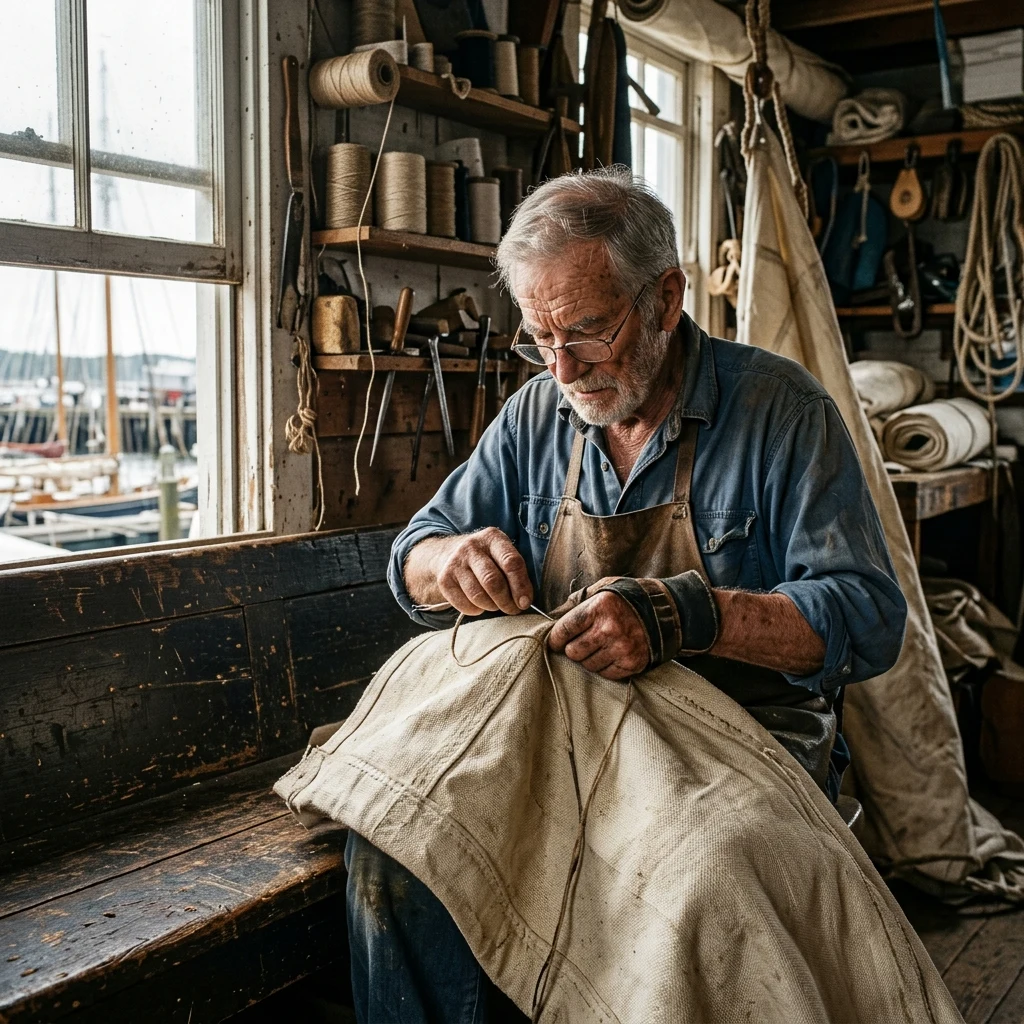 Sailmaker stitching canvas in a sunny workshop