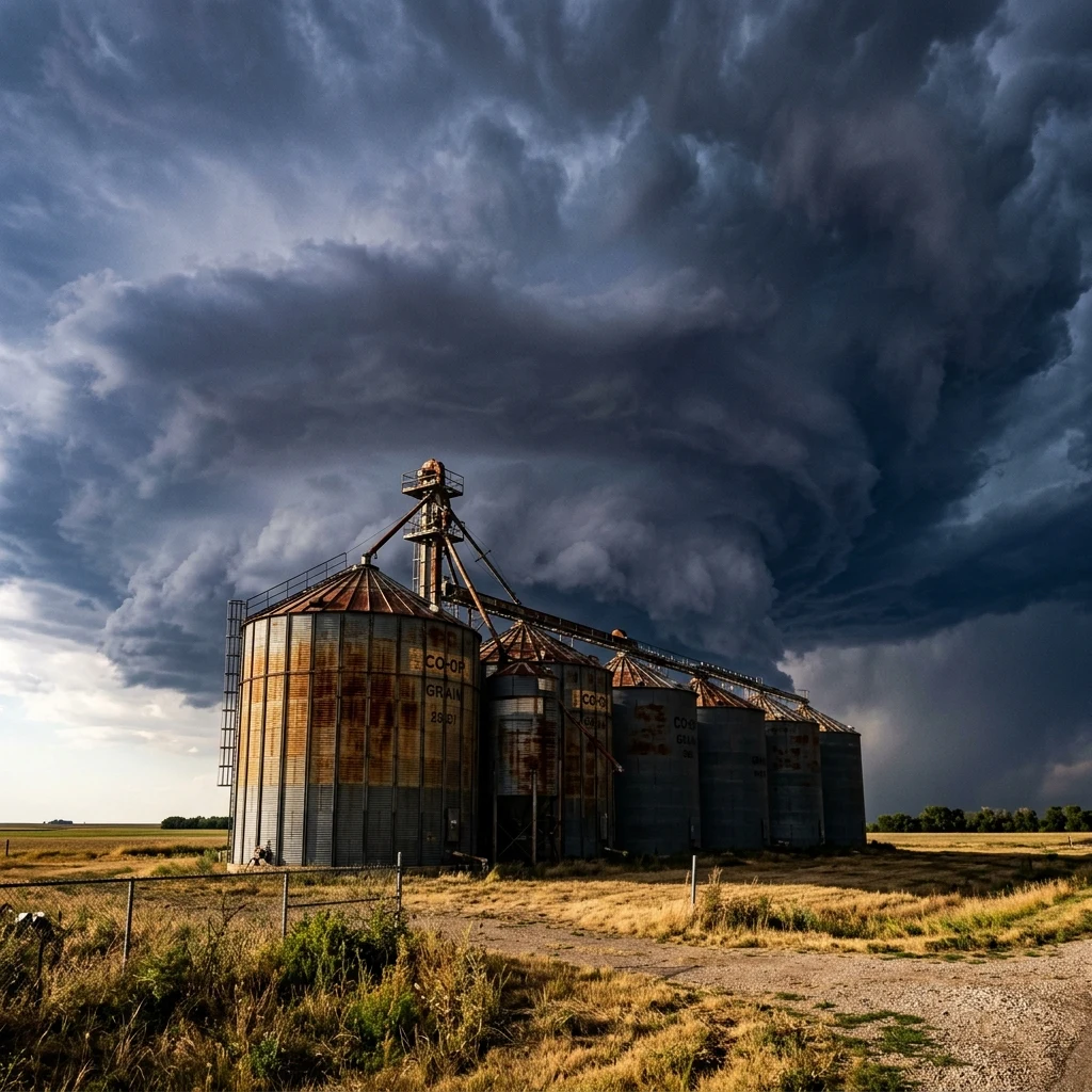A rusted row of grain silos against a violent summer thunderhead