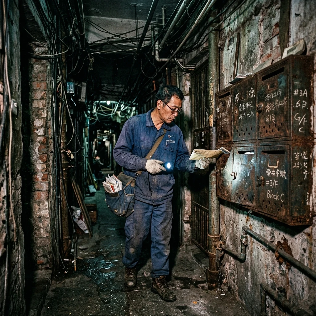 A mail carrier navigating a claustrophobic alleyway inside the Walled City