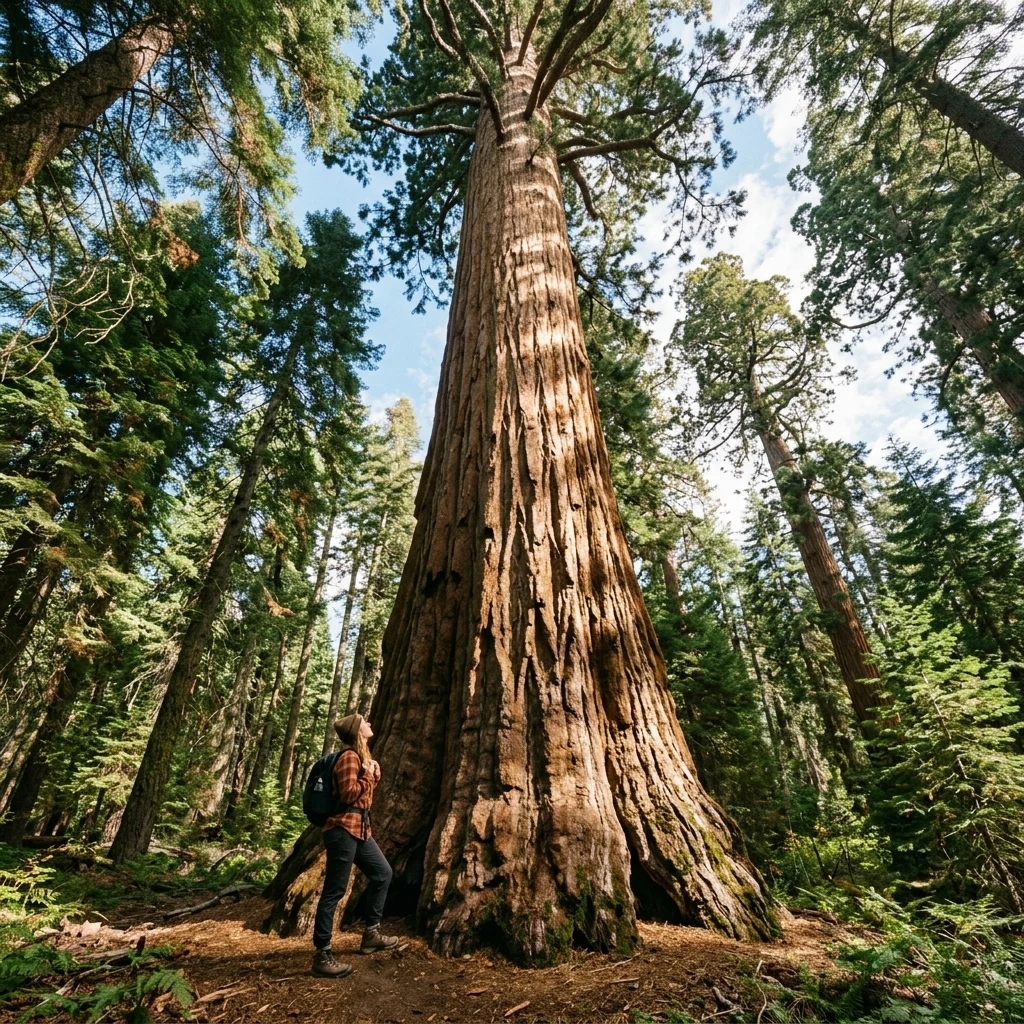 Hiker standing by a giant redwood tree