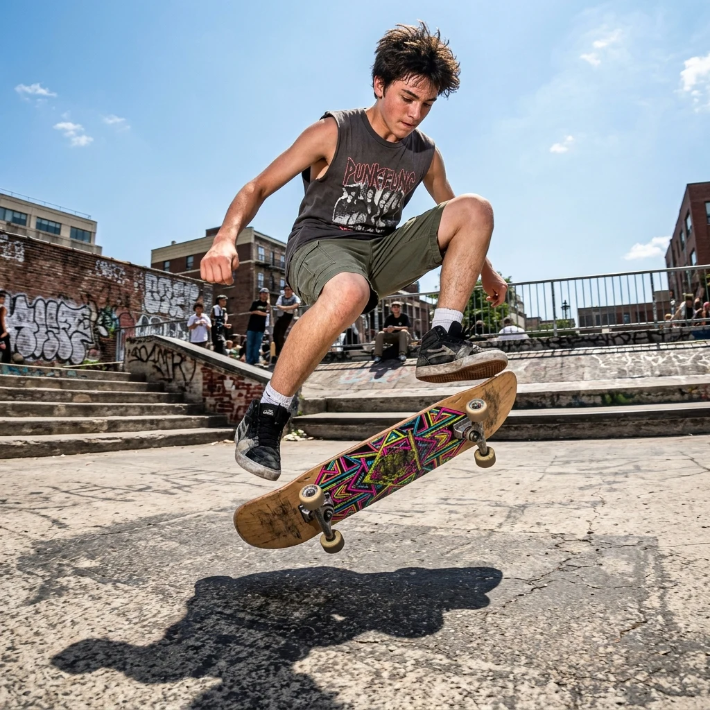 Skateboarder jumping in an urban plaza