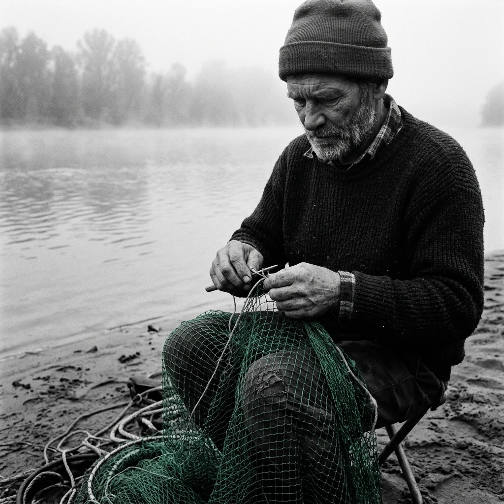A local fisherman in his fifties repairing green nylon nets on the sandy shore of the…