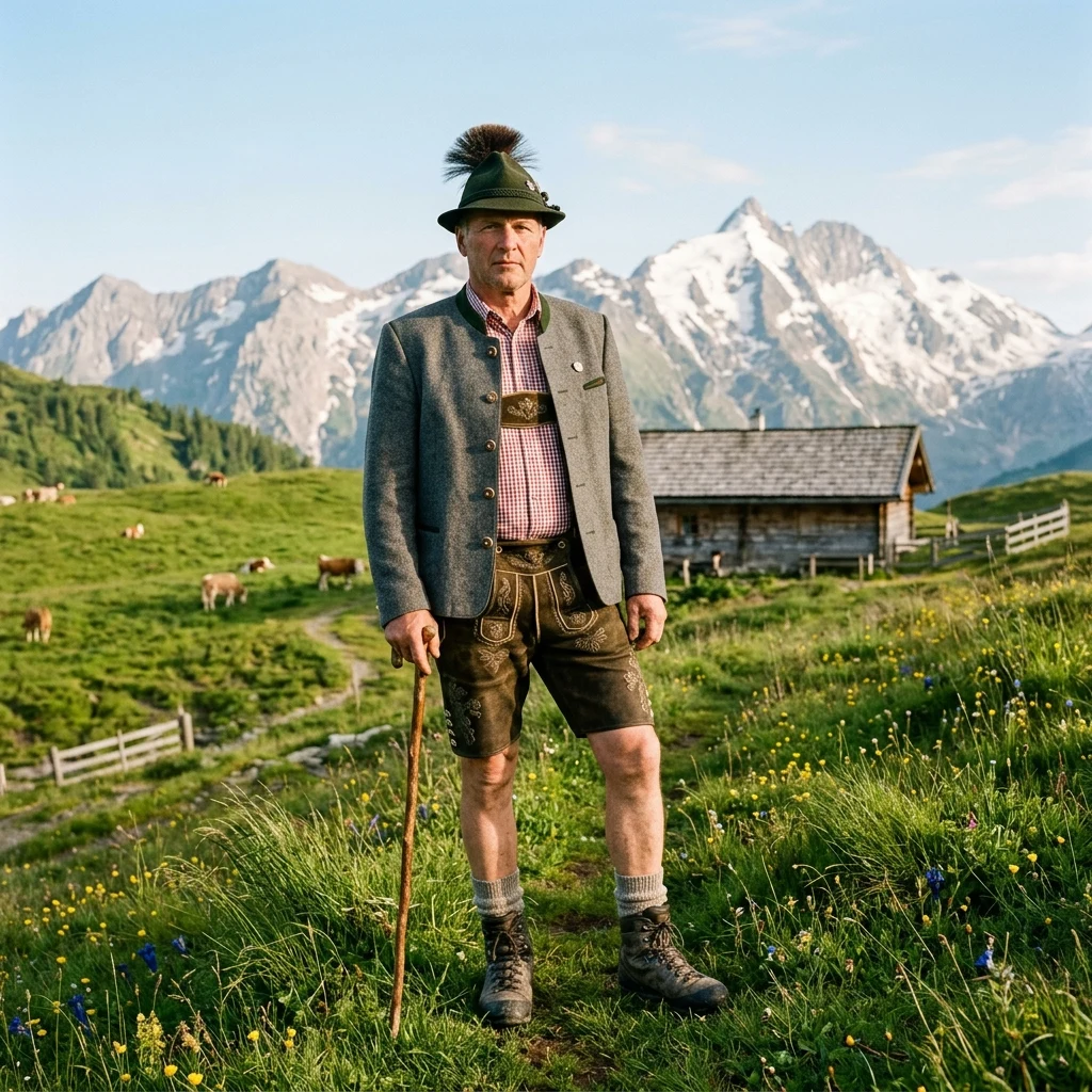 Person in traditional clothing in alpine pasture
