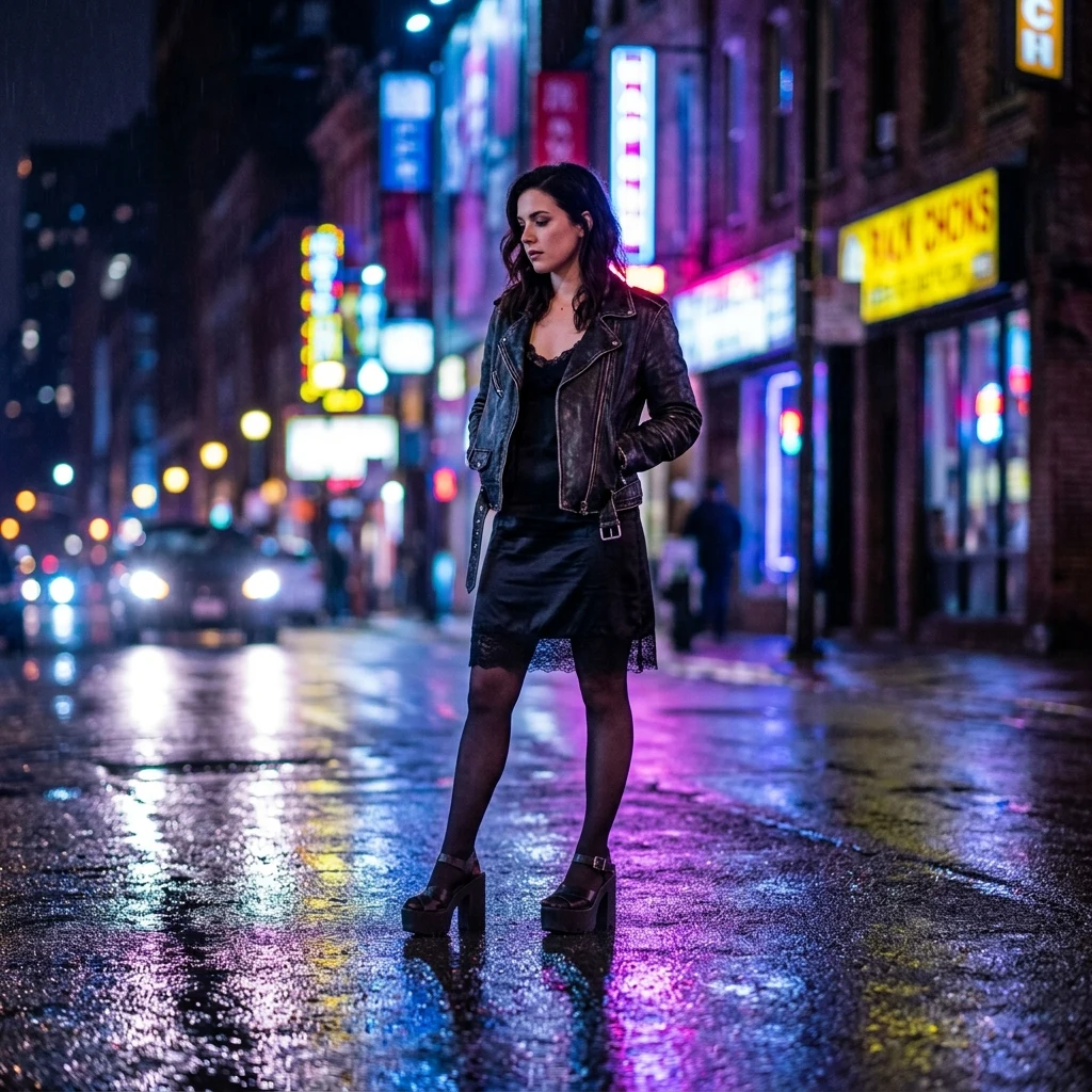 A woman in a slip dress under a leather moto jacket with platform sandals on a neon-lit…