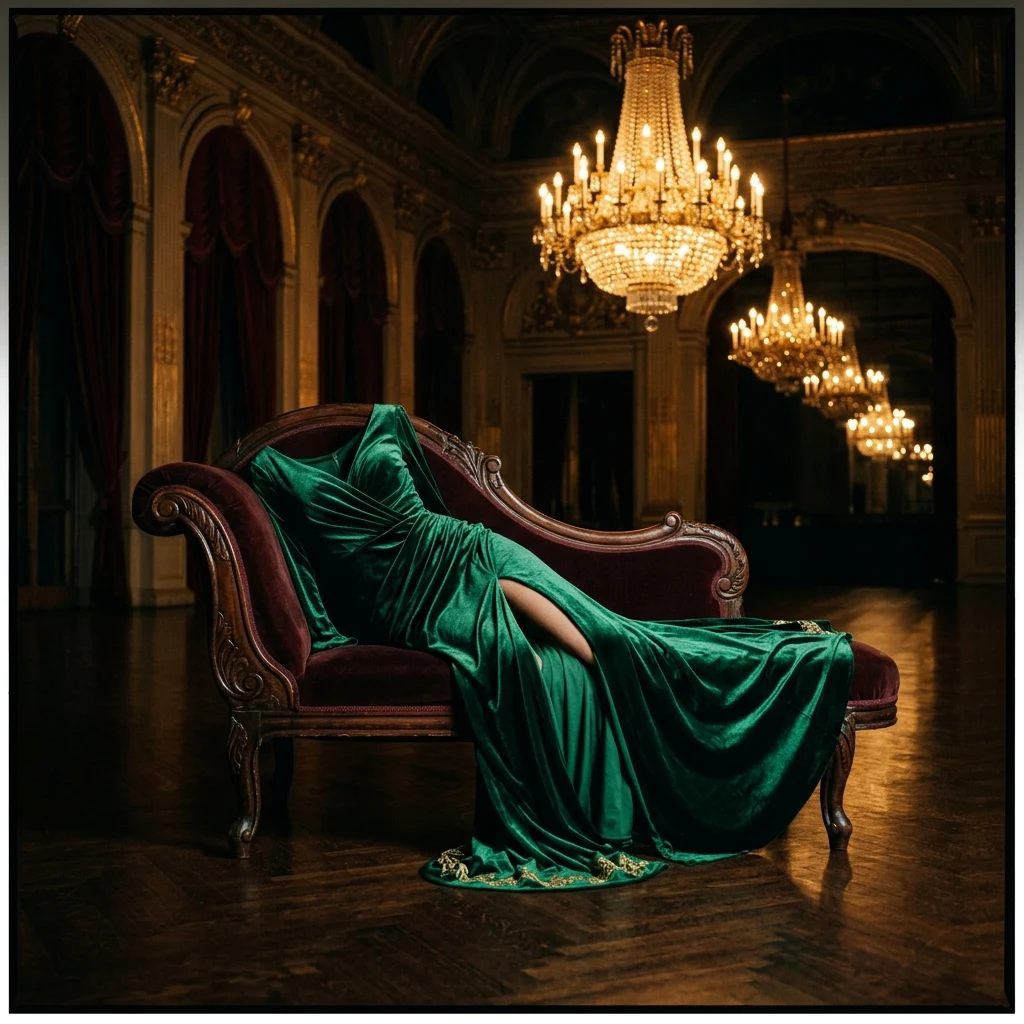 Elegant evening gown in a grand ballroom