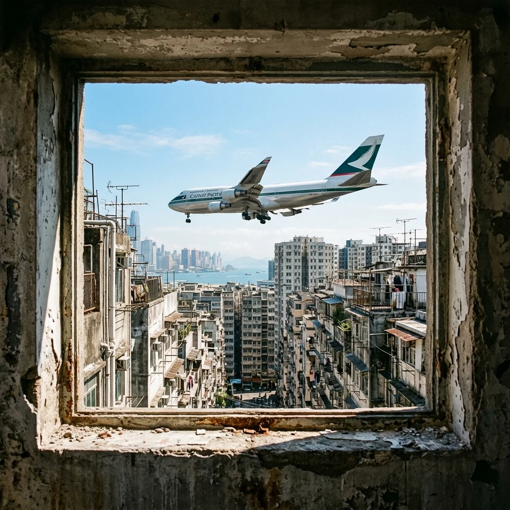 A daytime view through a narrow window frame looking out from Kowloon Walled City across…