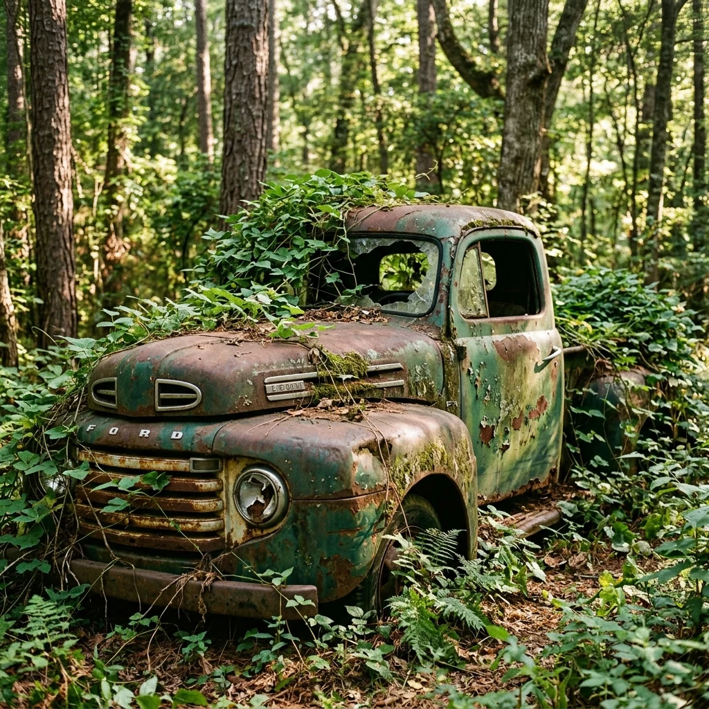 A rusting, forgotten 1950s pickup truck swallowed by kudzu vines in a deep Georgia woods…