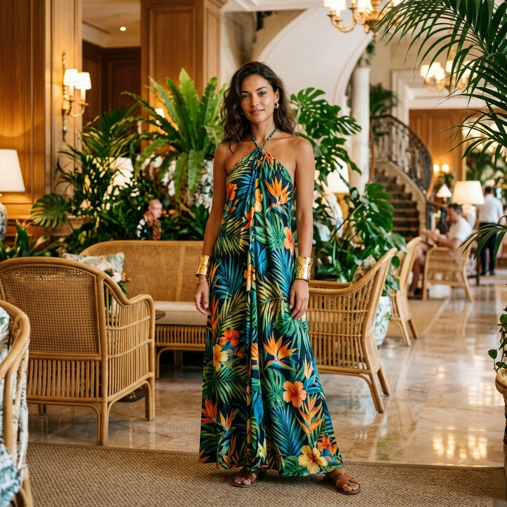 Elegant model in a tropical hotel lobby