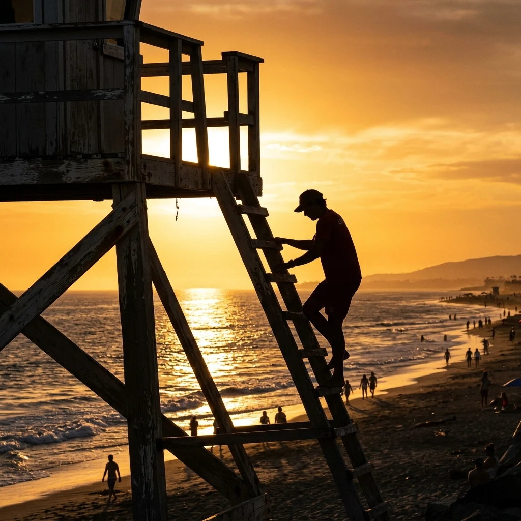 Lifeguard leaving the tower at sunset