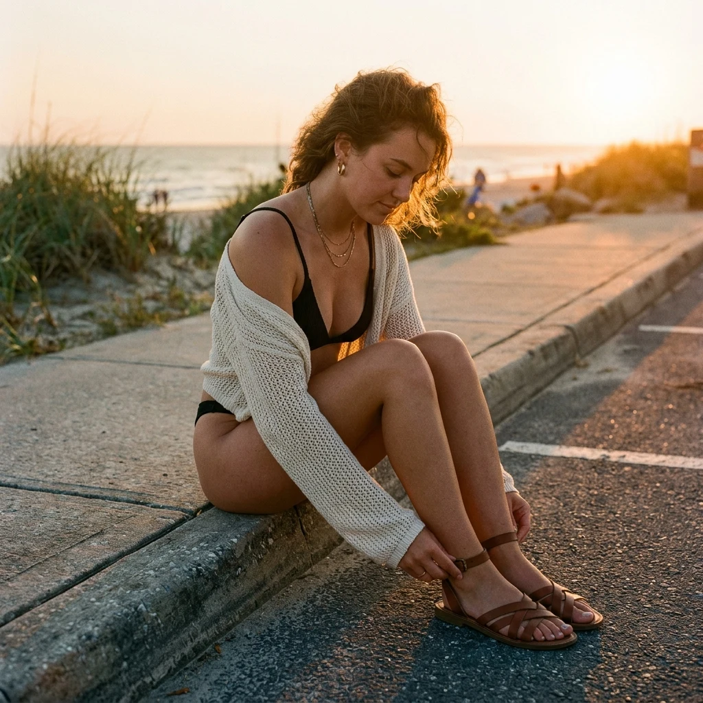 Person resting on a coastal parking curb
