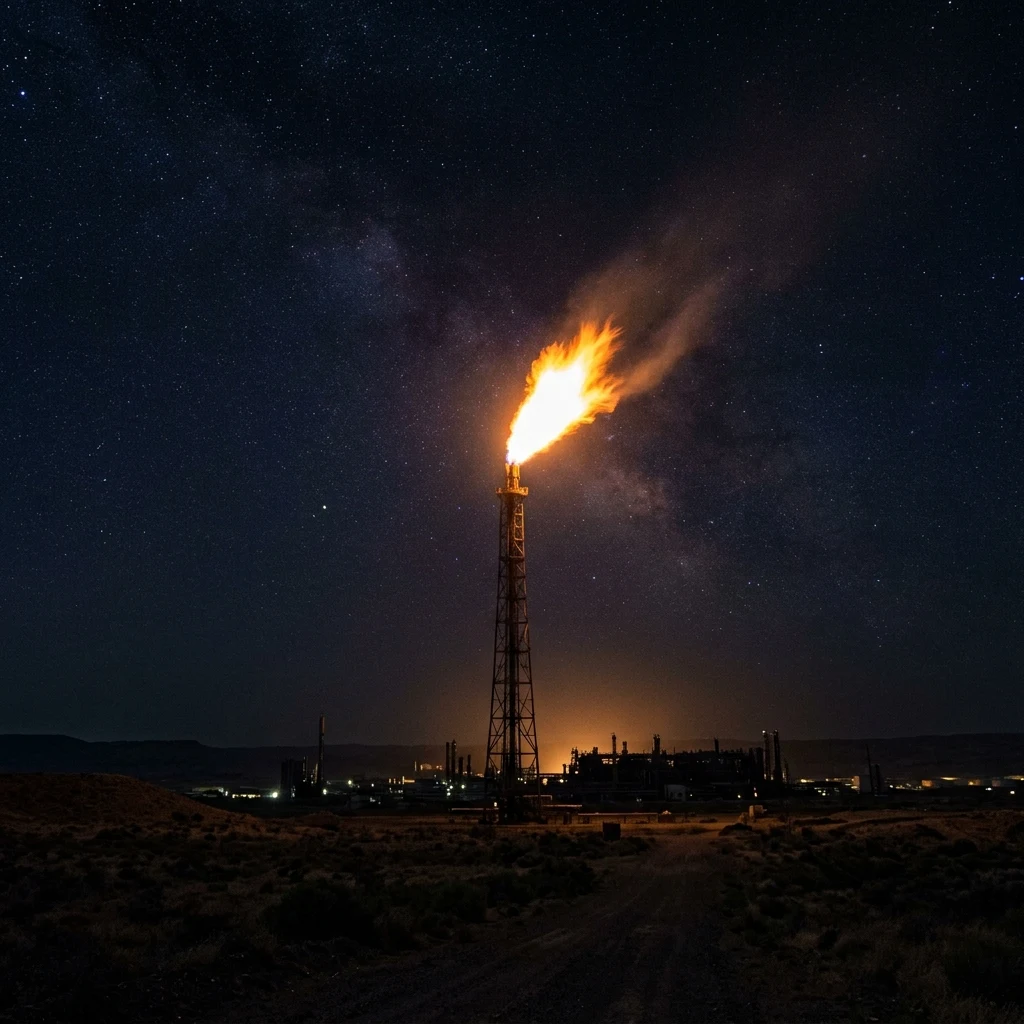 A refinery flare stack still burning at night with nobody tending it