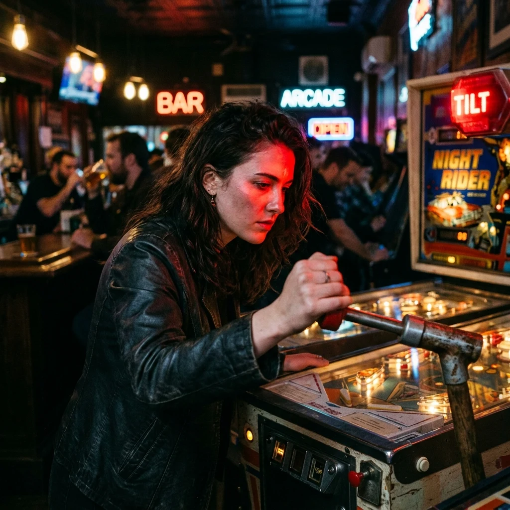 Focused player at a vintage pinball machine