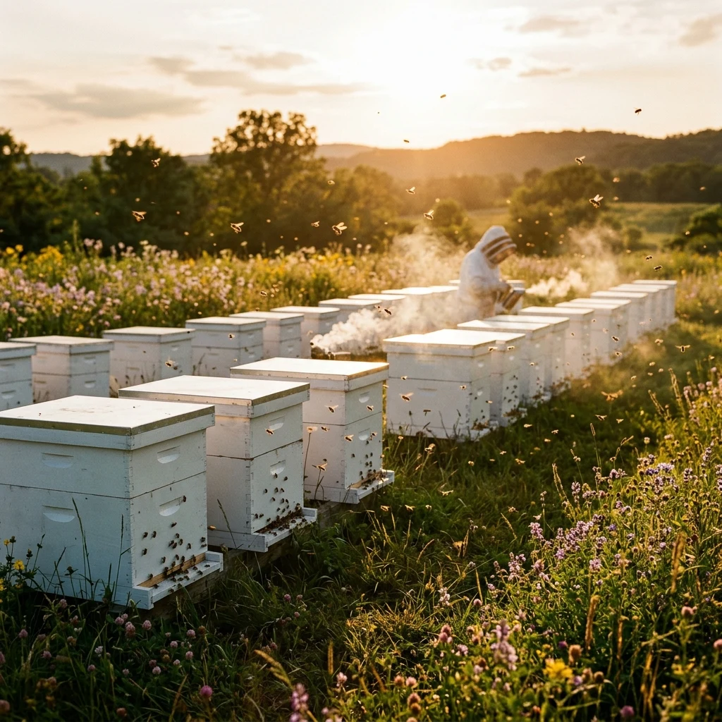 Honeybees flying around white hives at sunset