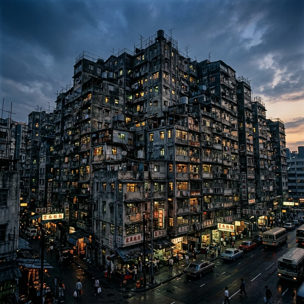A nighttime shot of Kowloon Walled City's exterior