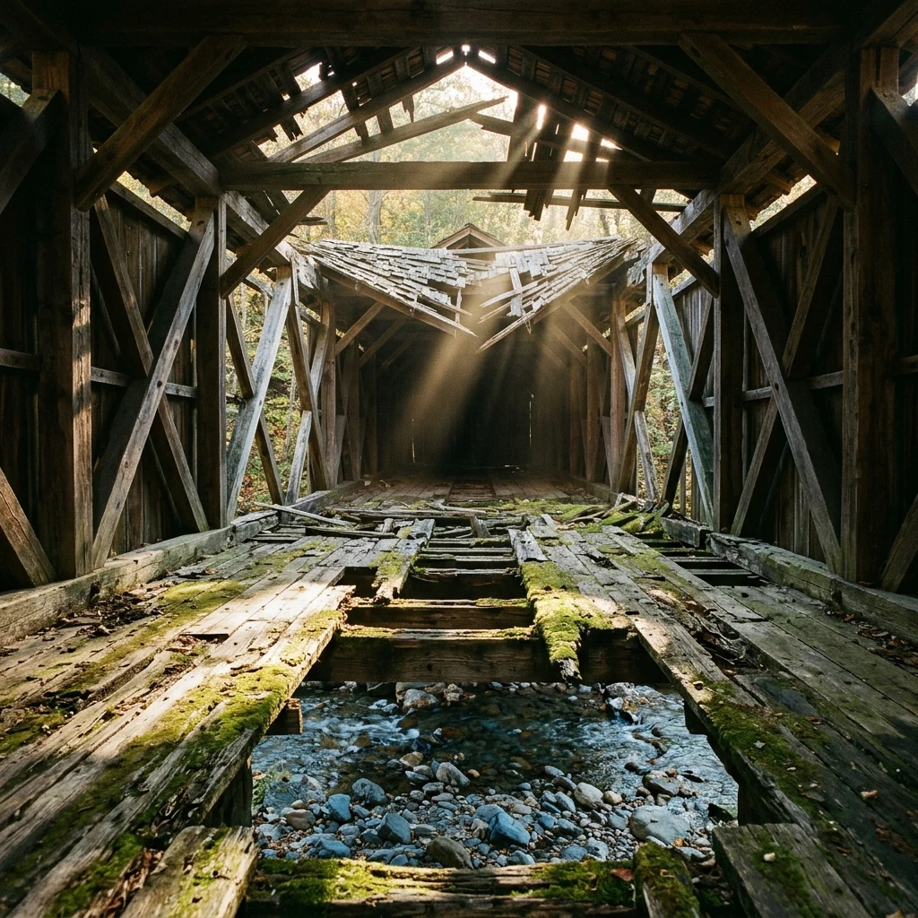 Sunlight streaming through an old bridge