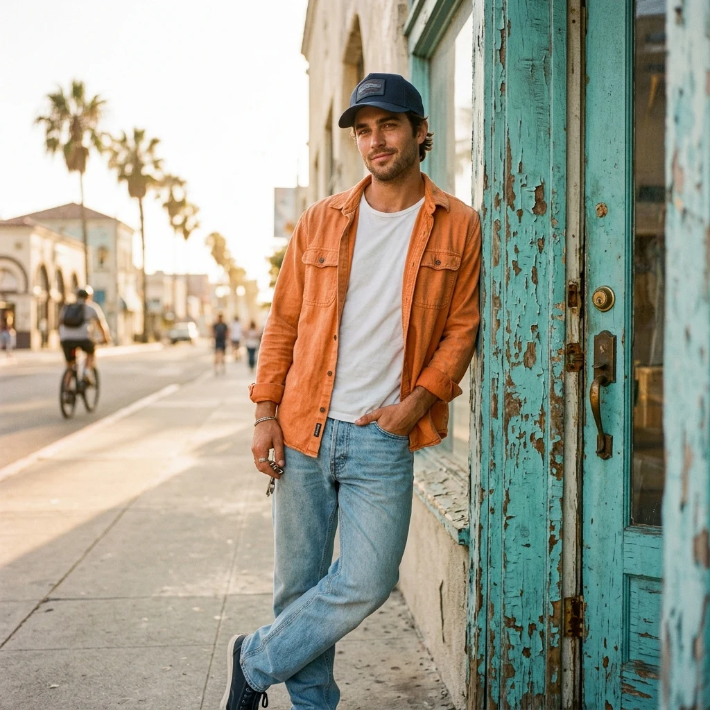 Casual style by a turquoise doorway