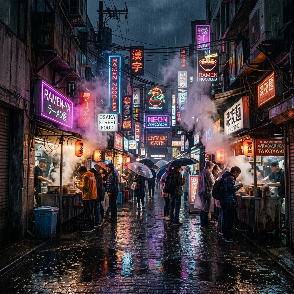Neon lights at a rainy night market