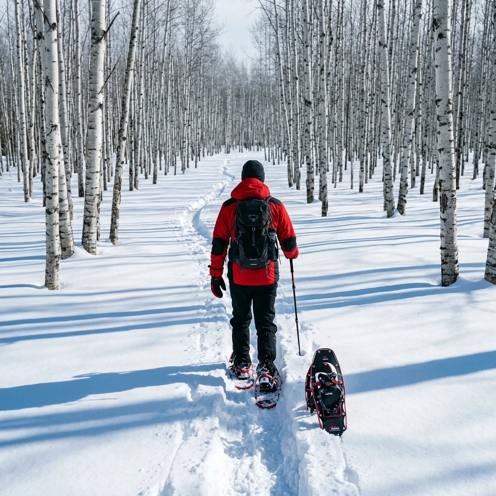 A snowshoer breaking trail through a birch forest