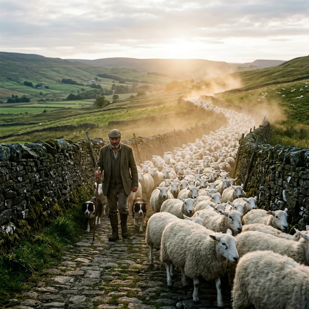 A shepherd moving a massive flock of sheep down a narrow stone-walled lane in the…