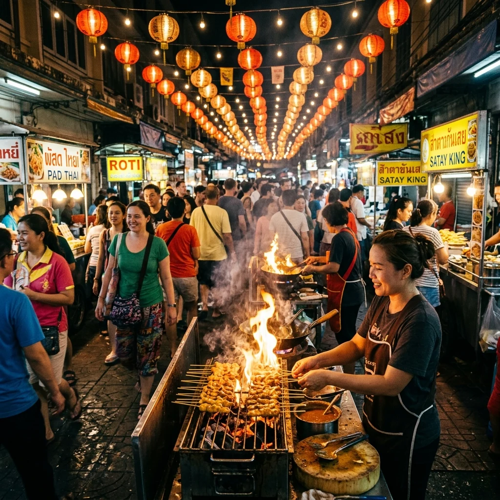 Bustling night market with glowing lanterns