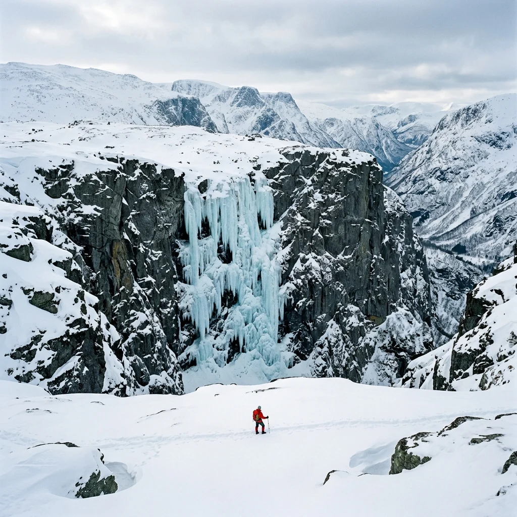 Mountaineer near a massive frozen waterfall