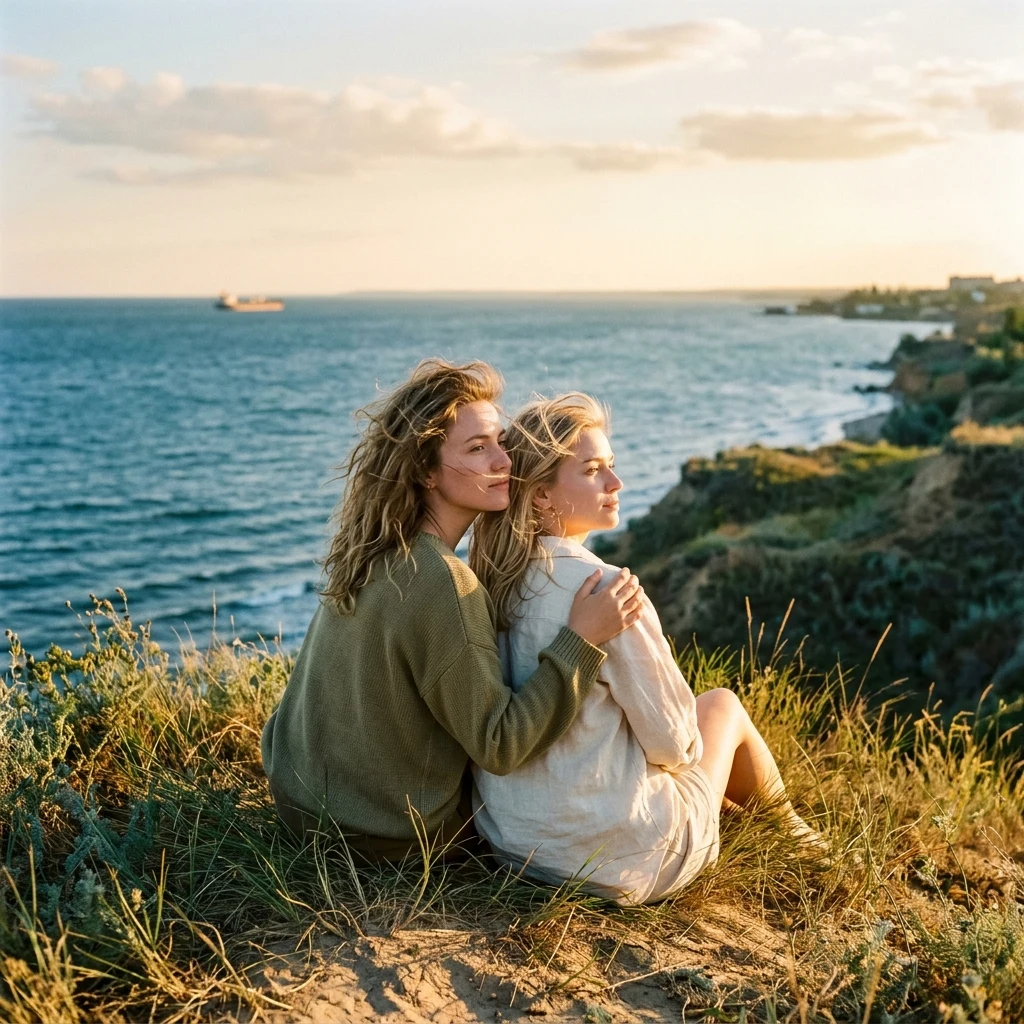 A sunset portrait of two sisters sitting on a grassy dune overlooking the Black Sea near…