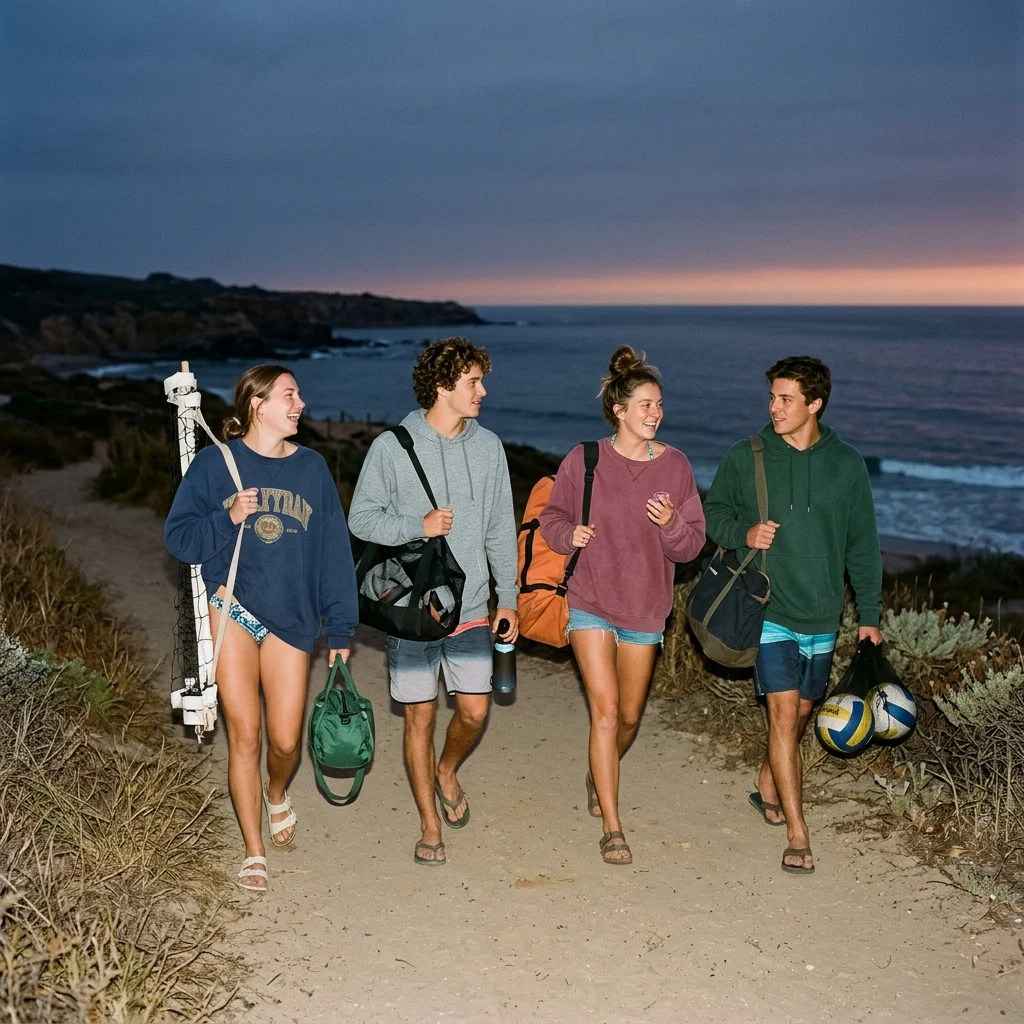 Friends walking along the beach at twilight
