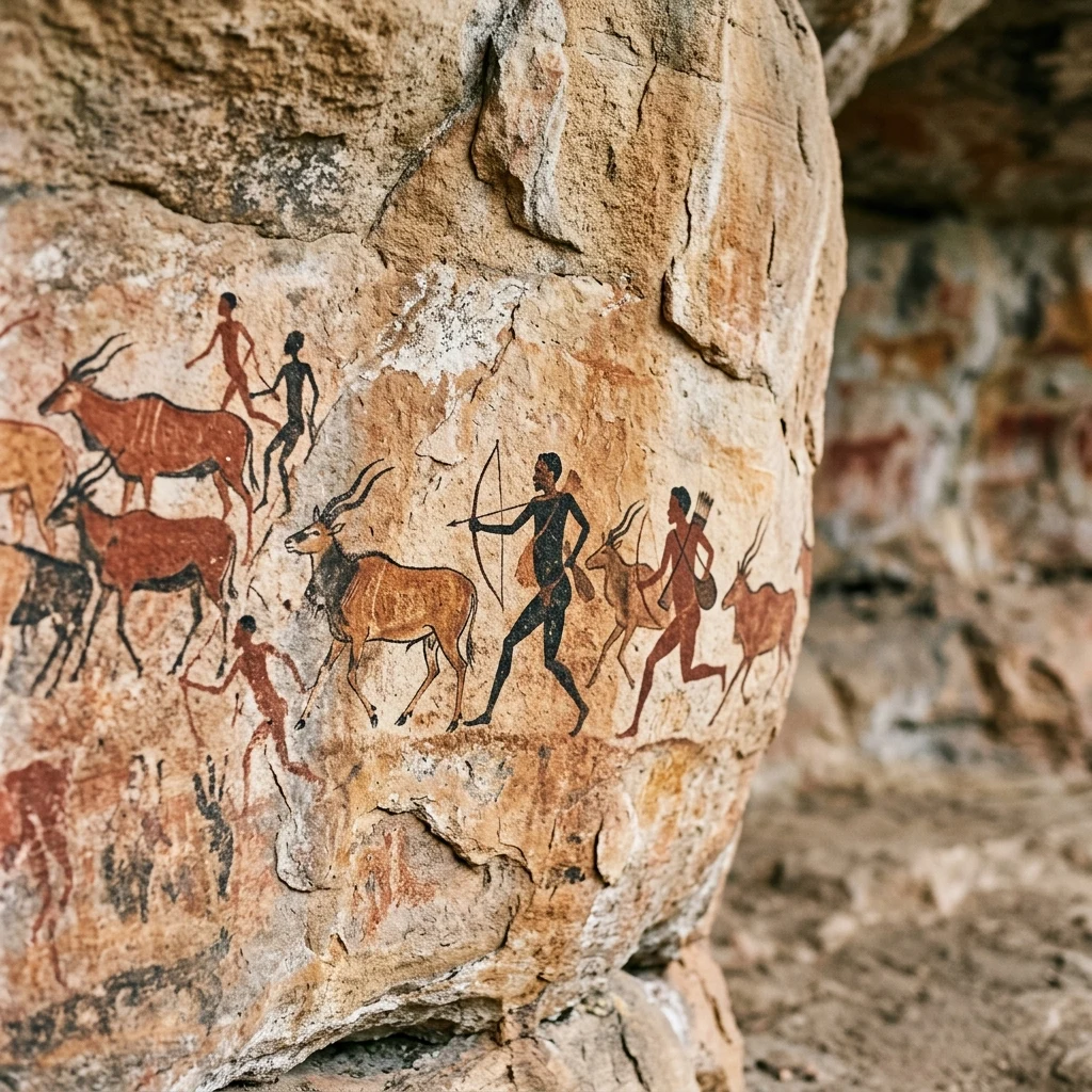 San rock art painted inside a shallow sandstone cave shelter in the Drakensberg
