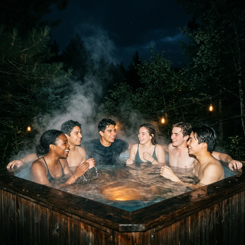 A group of attractive 18 and 19 year olds in a hot tub at night