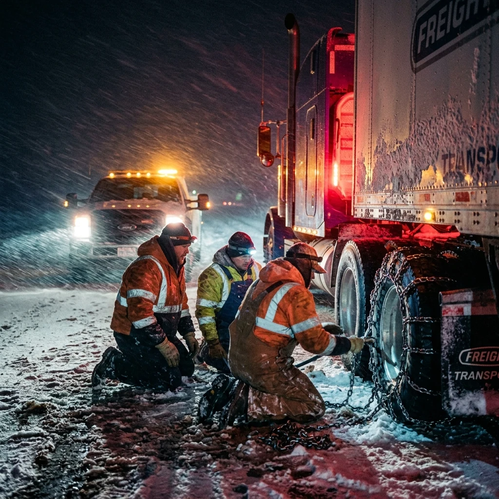 A roadside crew chaining up a semi truck in a blizzard