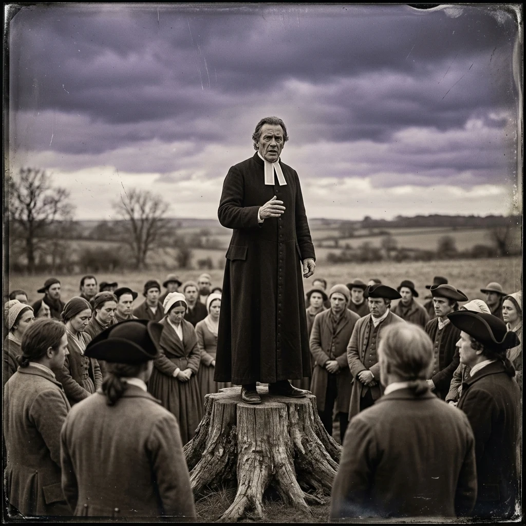 An 18th-century Great Awakening itinerant preacher in a black wool cassock and linen…