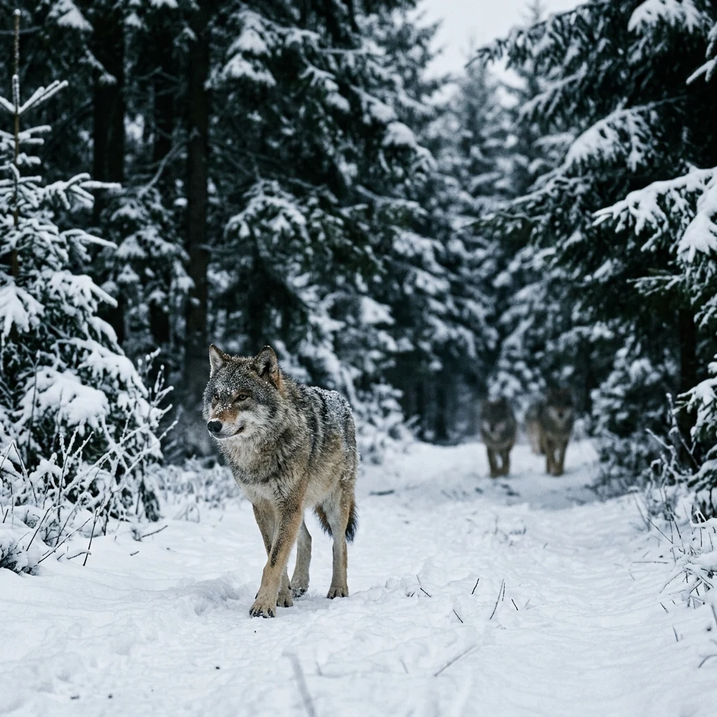 A pack of wild timber wolves moving through a snow-covered pine forest in the Carpathians